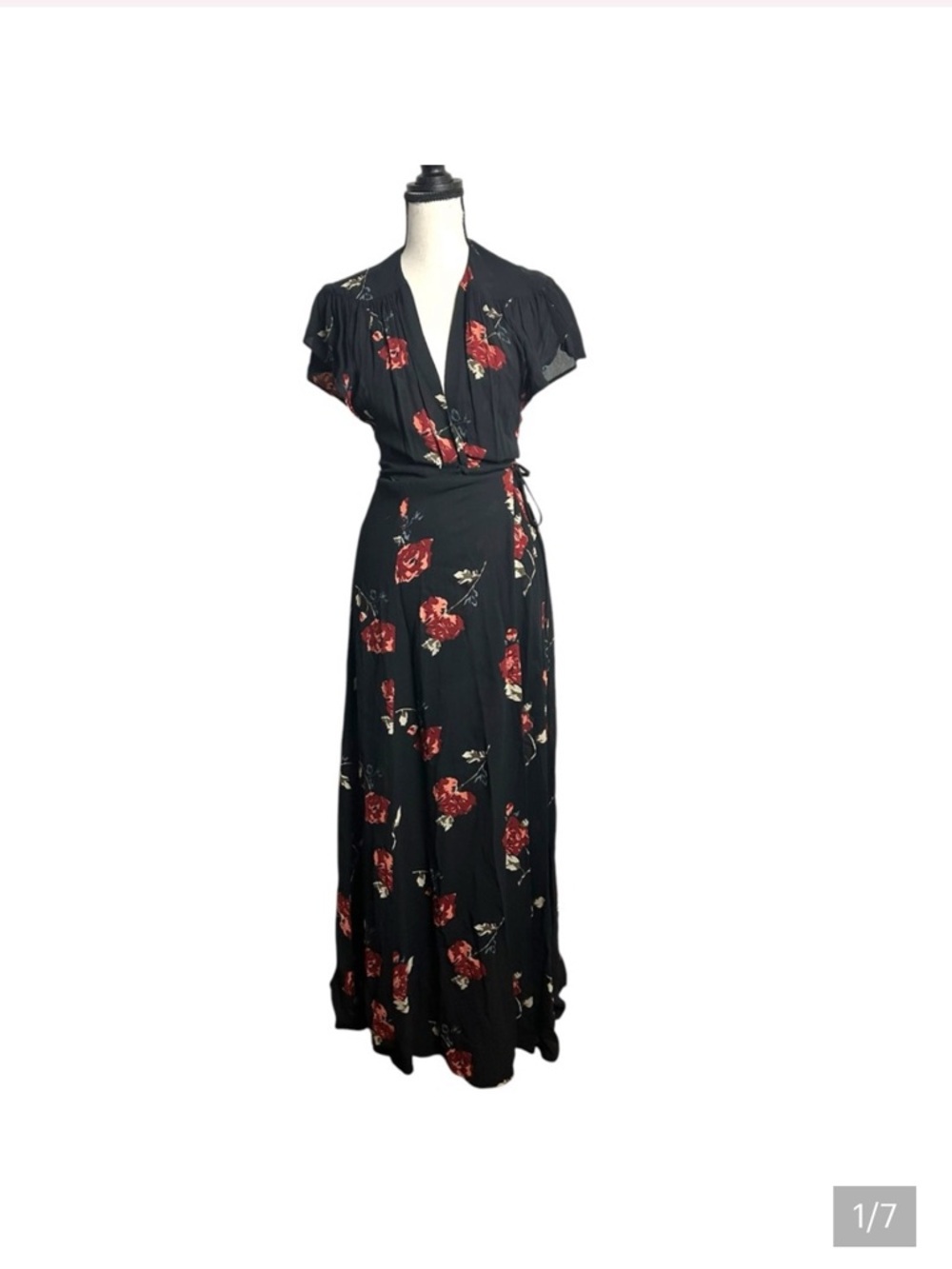 Reformation black red floral maxi wrap dress EUC SZXS